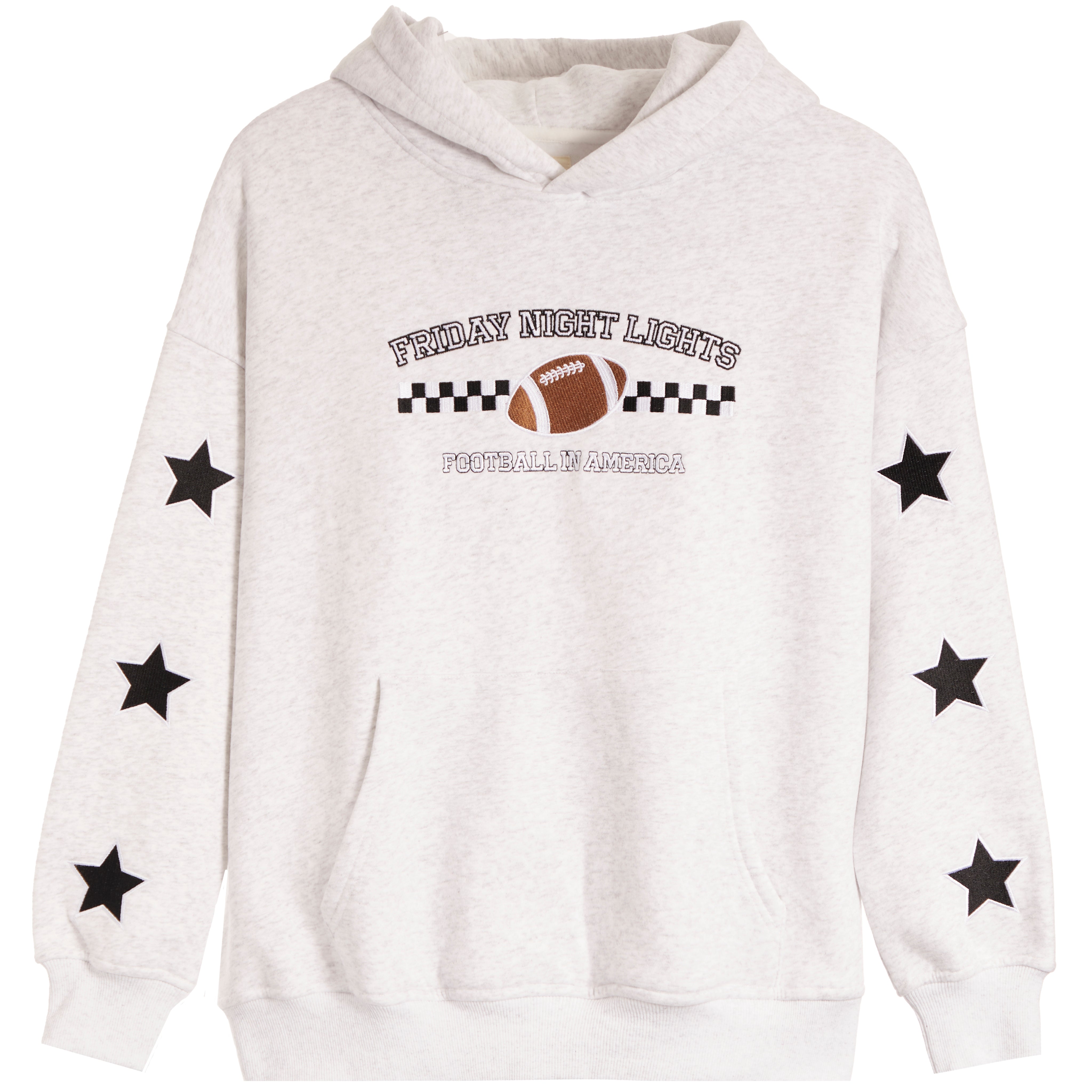 A light heather gray pullover hoodie with a graphic on the chest reading 'Friday Night Lights Football Team' featuring a brown football and checkered flag design, with black star graphics printed on both sleeves.