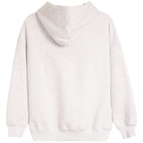 A light heather gray pullover hoodie shown from the back, featuring a relaxed fit, ribbed cuffs, and a ribbed hem on a solid white background.