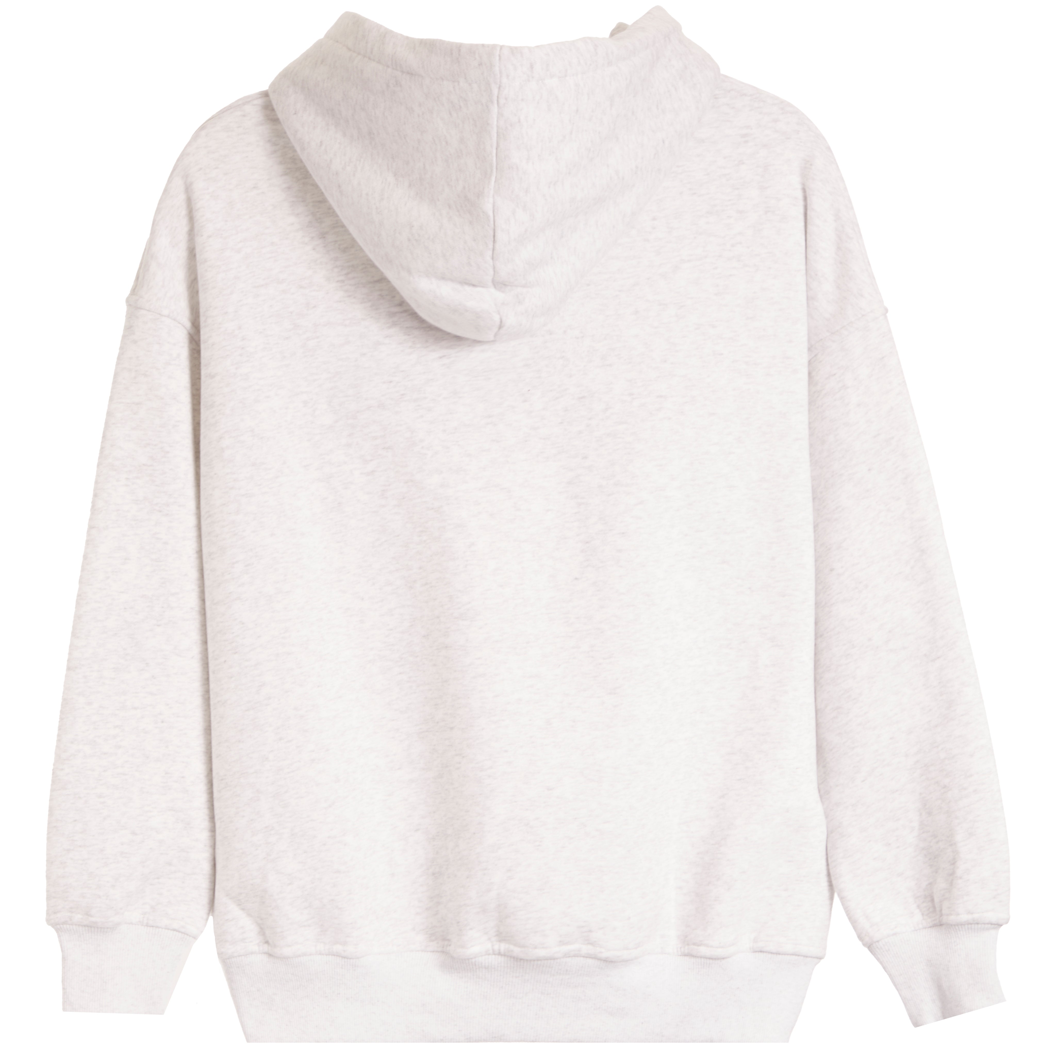 A light heather gray pullover hoodie shown from the back, featuring a relaxed fit, ribbed cuffs, and a ribbed hem on a solid white background.