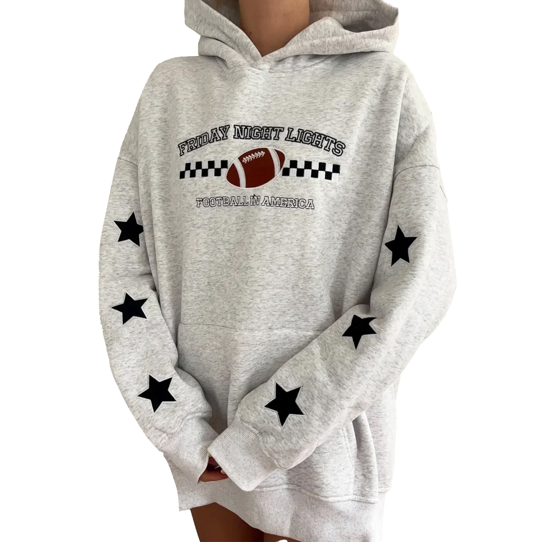 A light heather gray hoodie with a black and white football graphic on the chest reading 'Friday Night Lights Football America,' plus black star patches on the sleeves, shown on a cropped model against a white background.