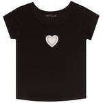 A black short-sleeve ribbed knit top for toddlers, featuring a white crochet heart motif on the chest, shown against a plain white background.