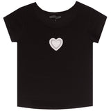 A black short-sleeve ribbed knit top for toddlers, featuring a white crochet heart motif on the chest, shown against a plain white background.