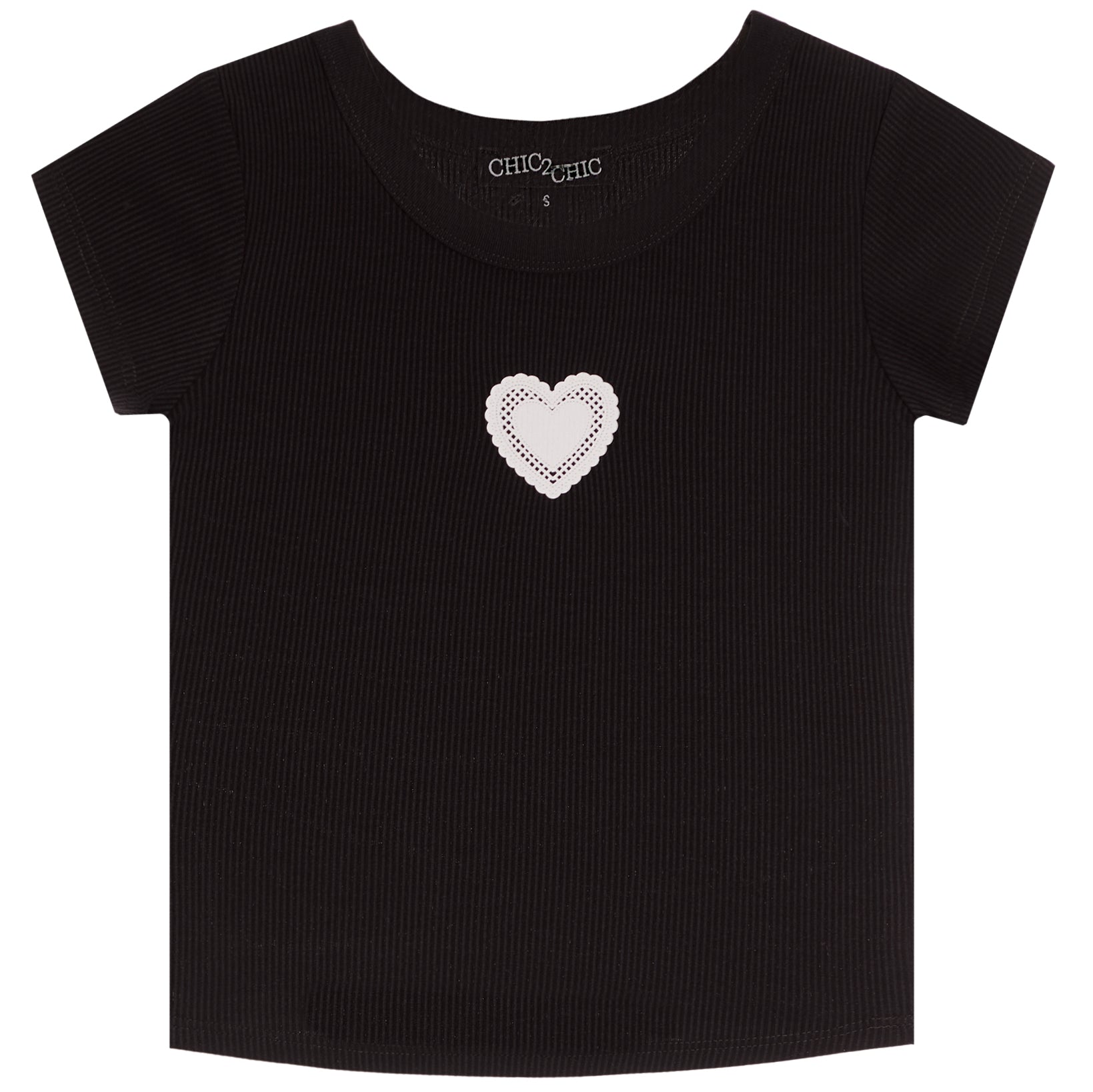 A black short-sleeve ribbed knit top for toddlers, featuring a white crochet heart motif on the chest, shown against a plain white background.