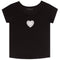 A black short-sleeve ribbed knit top for toddlers, featuring a white crochet heart motif on the chest, shown against a plain white background.