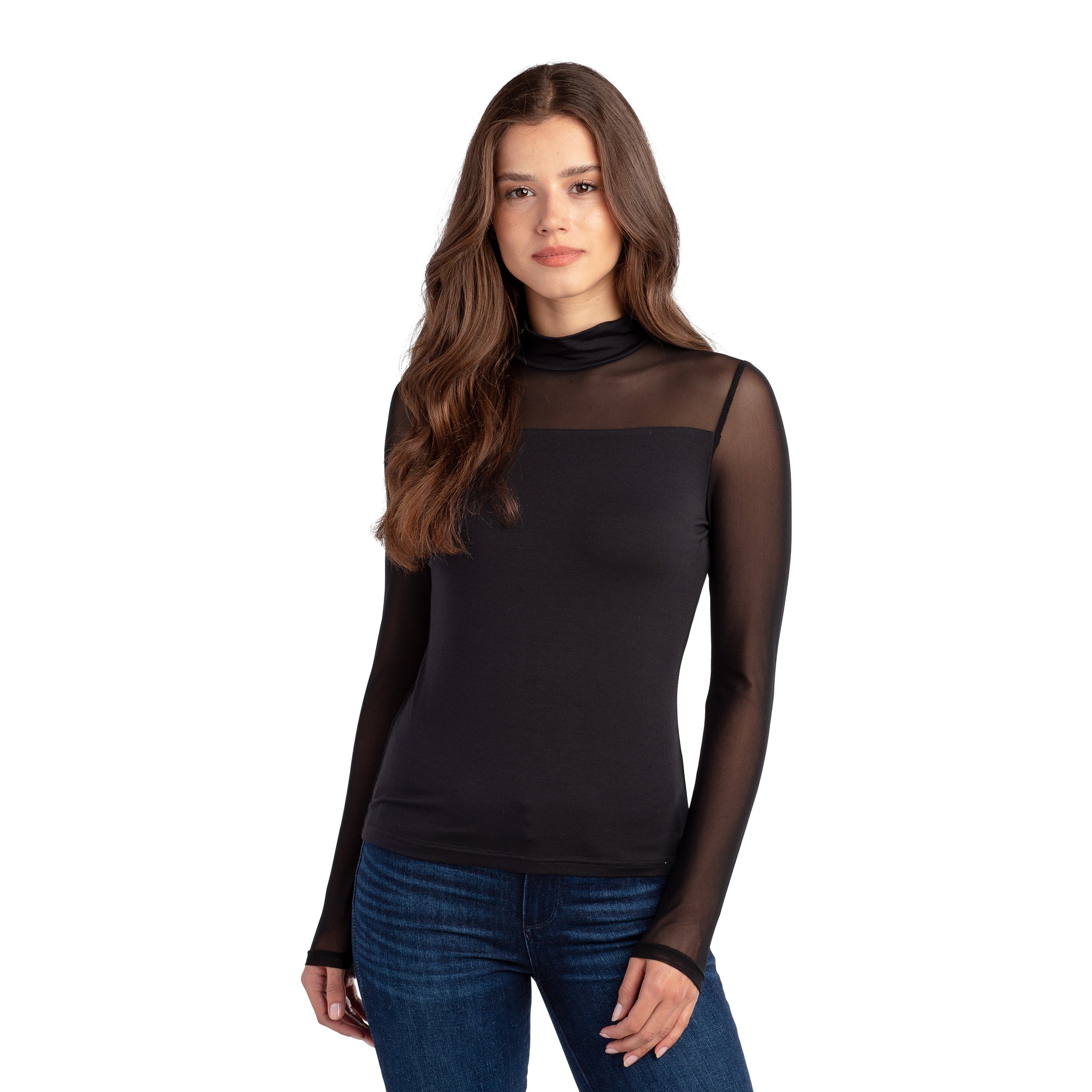 Mesh Mock Neck Long Sleeve Top - Denny's