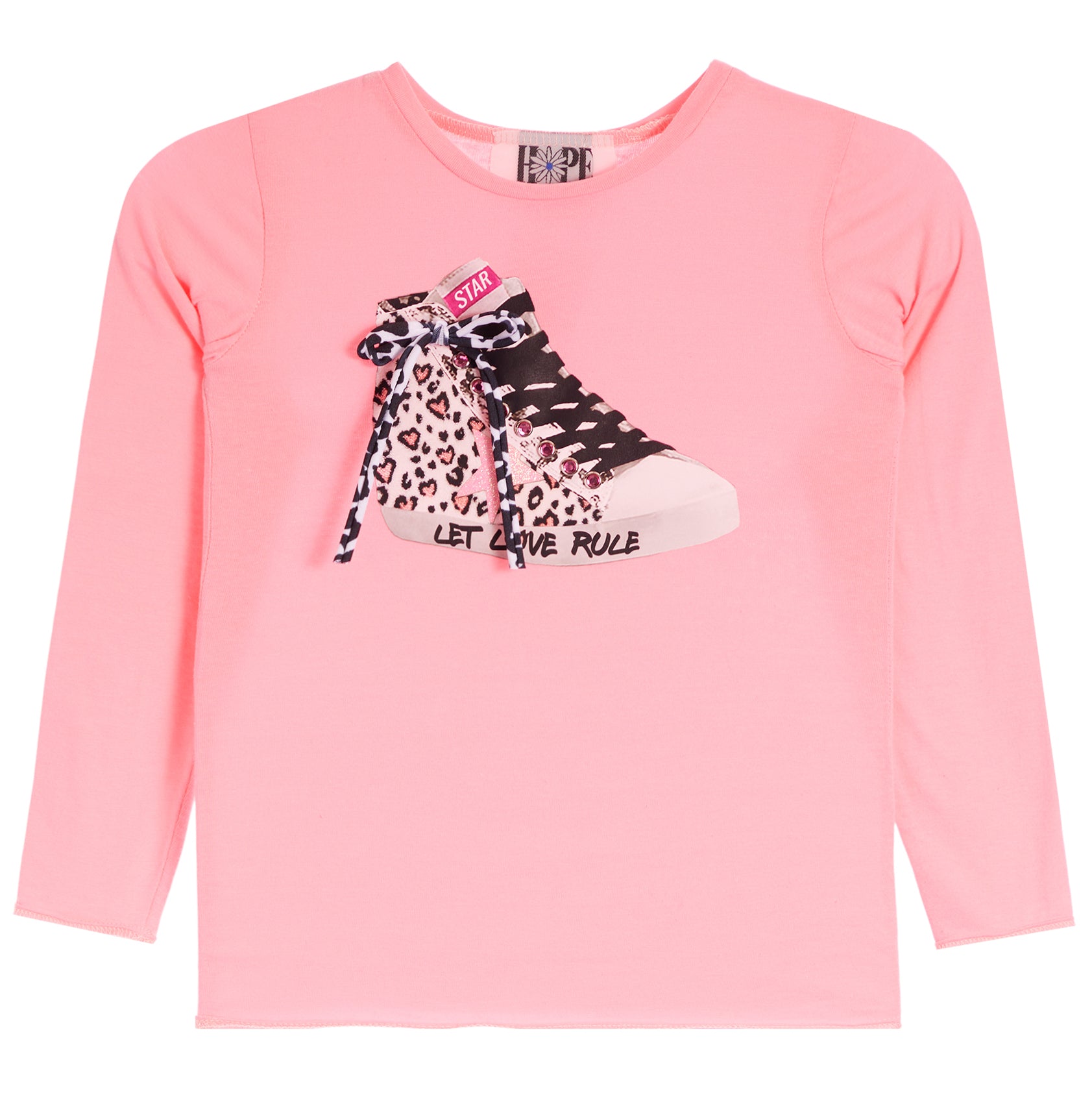 A pink long-sleeve crewneck t-shirt featuring a graphic print of a high-top sneaker with a leopard print ribbon bow and the text 'LET LOVE RULE' on the front.