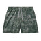 A pair of men's athletic shorts featuring an all-over dark green and white geometric bandana print, with a white drawstring at the elastic waistband, shown flat on a white background.