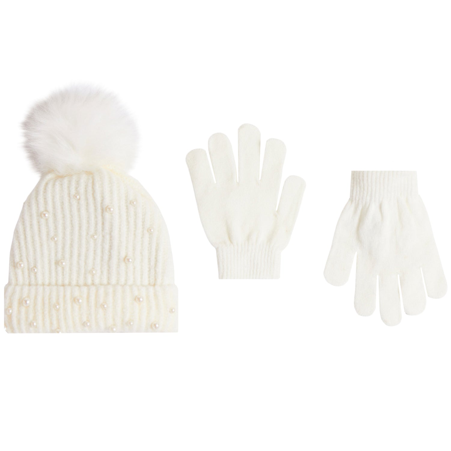 Ivory Pom Pom Beanie w/Pearls 2pc Glove Set - Denny's