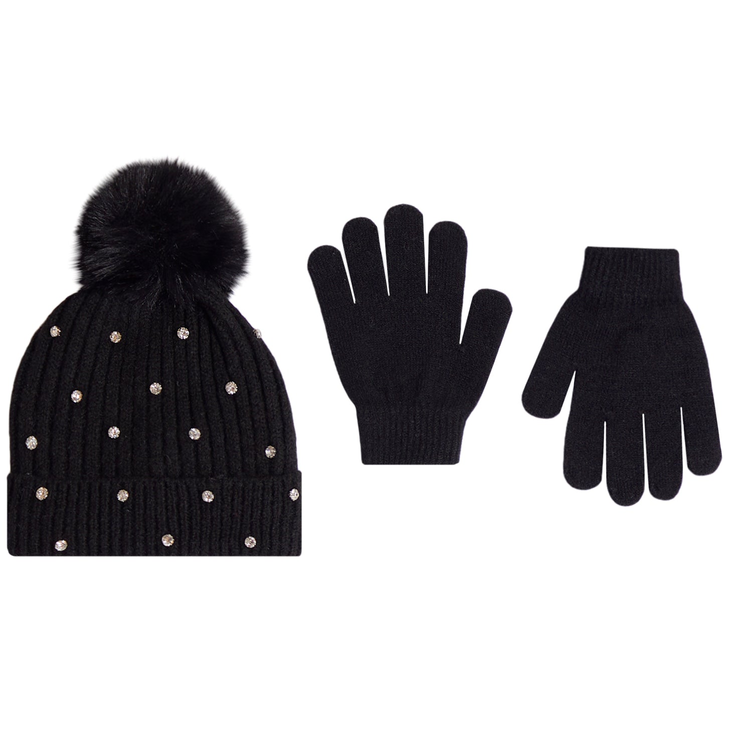 Black Rhinestone Pom Pom Beanie 2pc Glove Set - Denny's