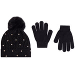 Black Rhinestone Pom Pom Beanie 2pc Glove Set - Denny's