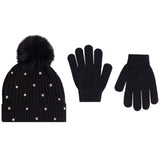 Black Rhinestone Pom Pom Beanie 2pc Glove Set - Denny's