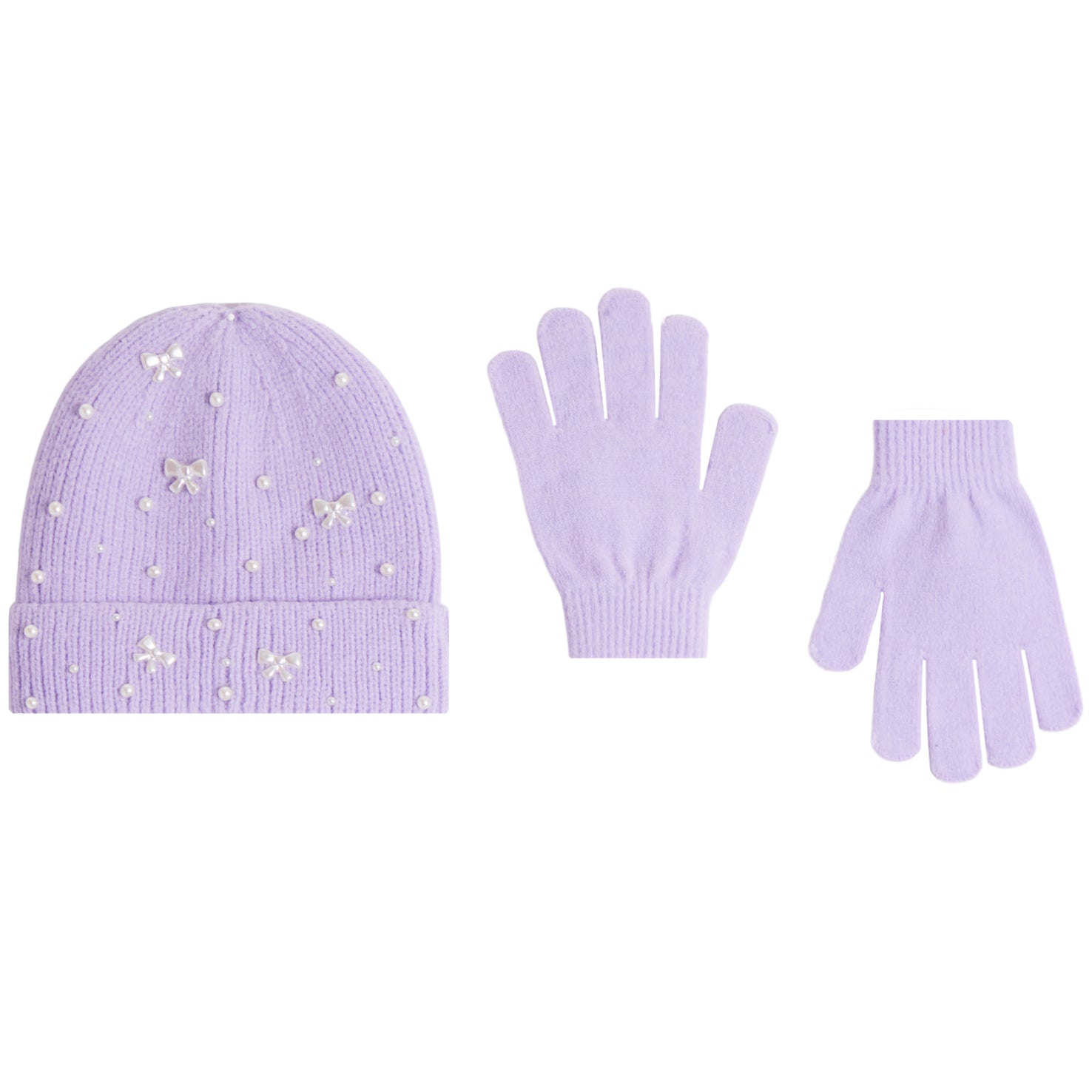 Lilac Knit Cuff Beanie w/Pearls 2pc Glove Set - Denny's