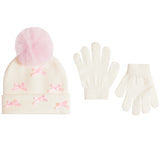 Ivory Pom Pom Hat w/Pink Bows 2pc Glove Set - Denny's