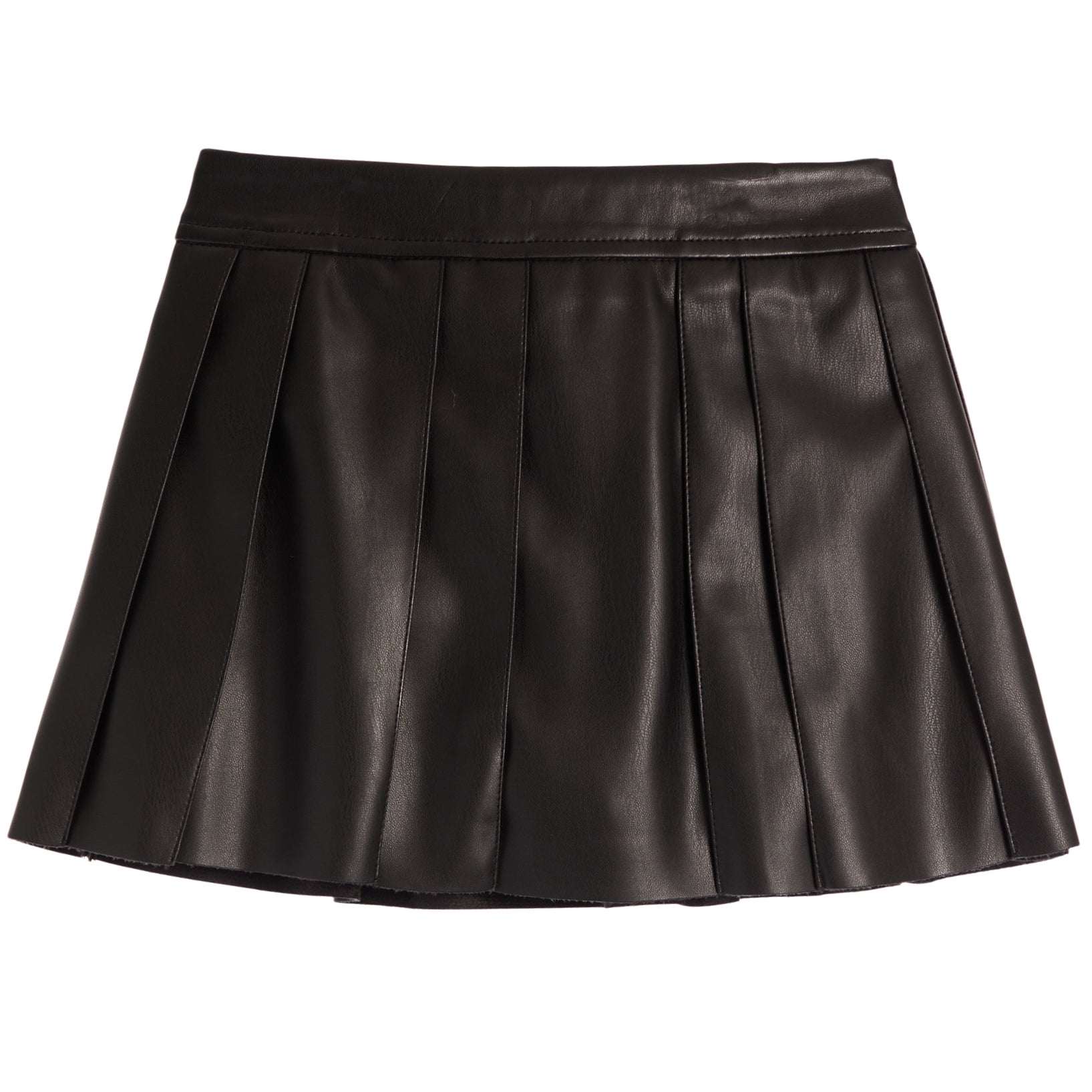 A black faux-leather pleated mini skirt with a wide waistband, shown flat against a solid white background.