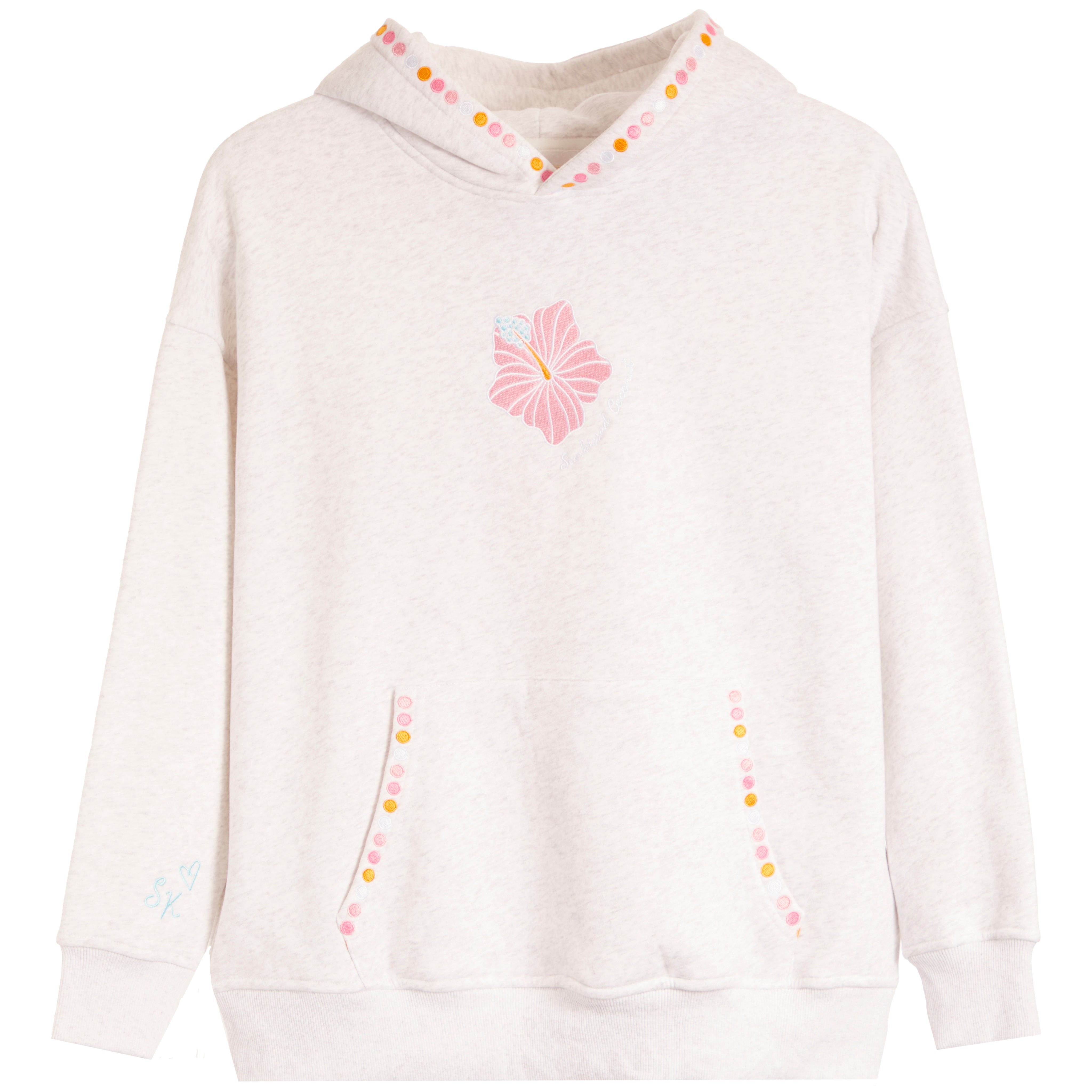 A light heathered off-white hooded sweatshirt featuring a pink hibiscus flower graphic on the chest, decorative pink, orange, and yellow dots along the hood trim and pocket openings, and a small light blue floral detail on the right sleeve.