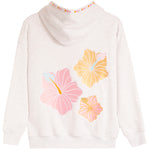 A light heather pink hoodie shown from the back, featuring three large hibiscus flower graphics in pink, yellow, and peach, with a small floral pattern along the hood's inner trim.