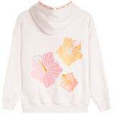 A light heather pink hoodie shown from the back, featuring three large hibiscus flower graphics in pink, yellow, and peach, with a small floral pattern along the hood's inner trim.