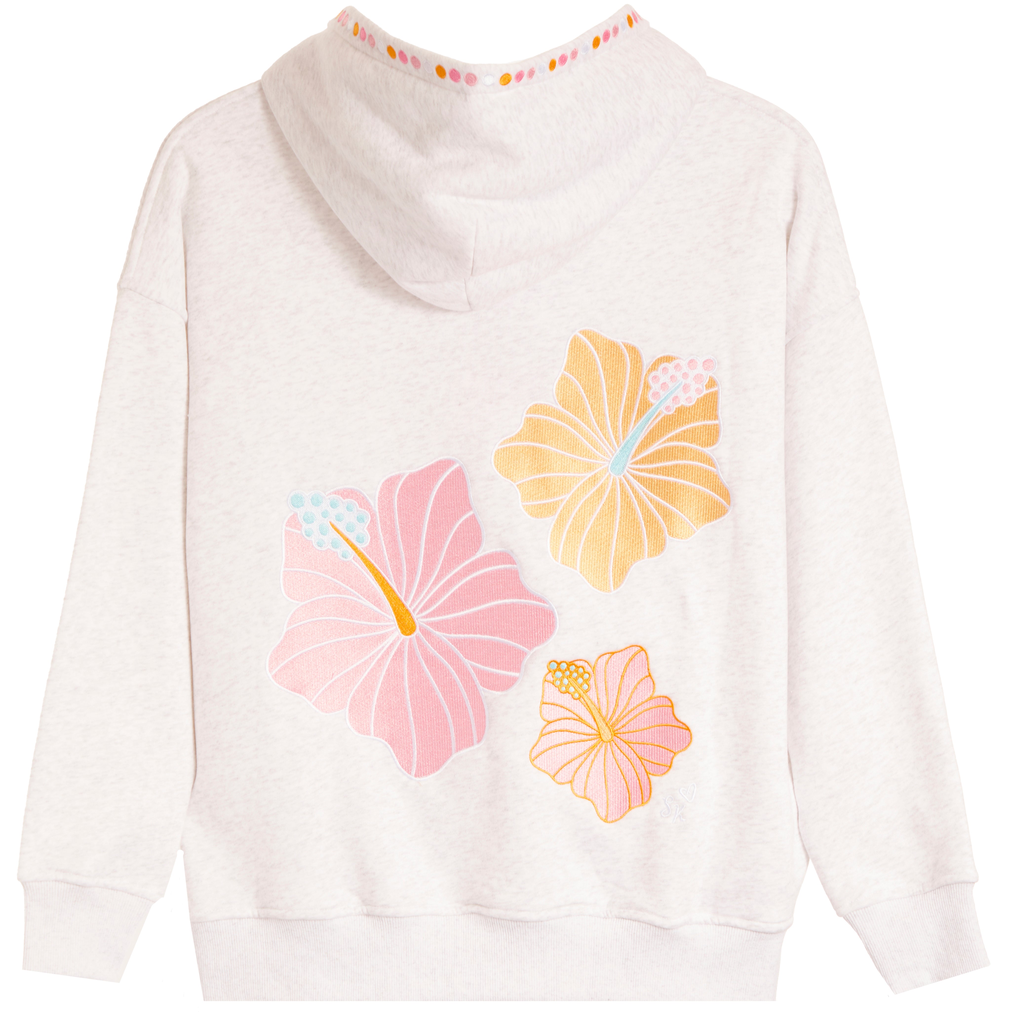 A light heather pink hoodie shown from the back, featuring three large hibiscus flower graphics in pink, yellow, and peach, with a small floral pattern along the hood's inner trim.