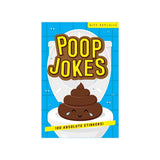 A square product cover for a gag gift or novelty item titled 'POOP JOKES' with a cartoon poop character on a toilet against a blue tiled background. A yellow banner at the top right reads 'GIFT REPUBLIC' and a yellow banner at the bottom says '100 ABSOLUTE STINKERS!'.