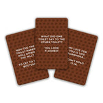 Three brown novelty cards with white text, featuring toilet-themed jokes, arranged on a white background.