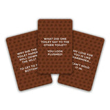Three brown novelty cards with white text, featuring toilet-themed jokes, arranged on a white background.