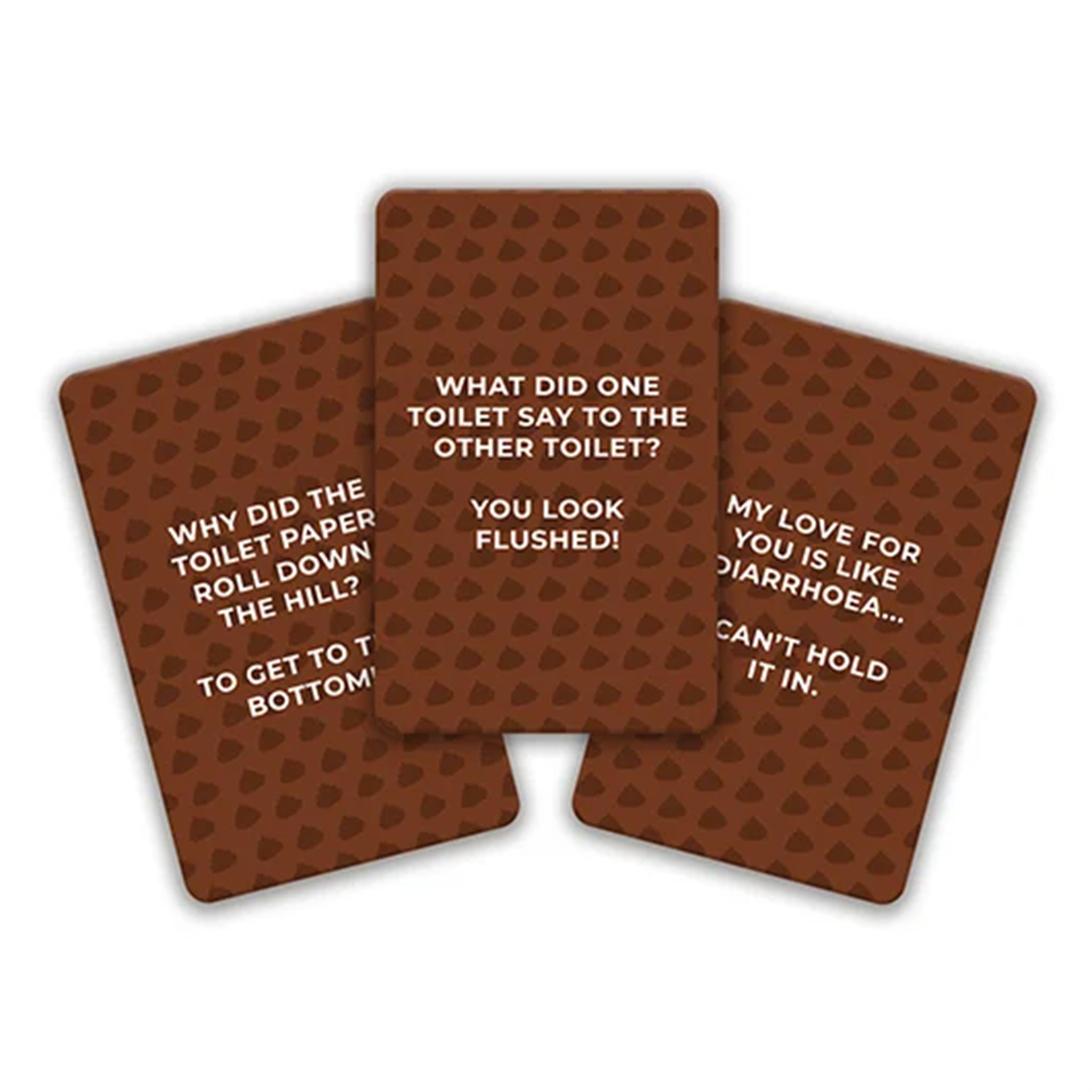 Three brown novelty cards with white text, featuring toilet-themed jokes, arranged on a white background.