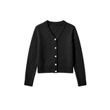 A black long-sleeve knit cardigan sweater with a V-neck and white buttons, shown flat against a solid white background.