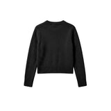 A black long-sleeve knit sweater with a crew neck, ribbed collar, cuffs, and hem, shown from the back on a plain white background.