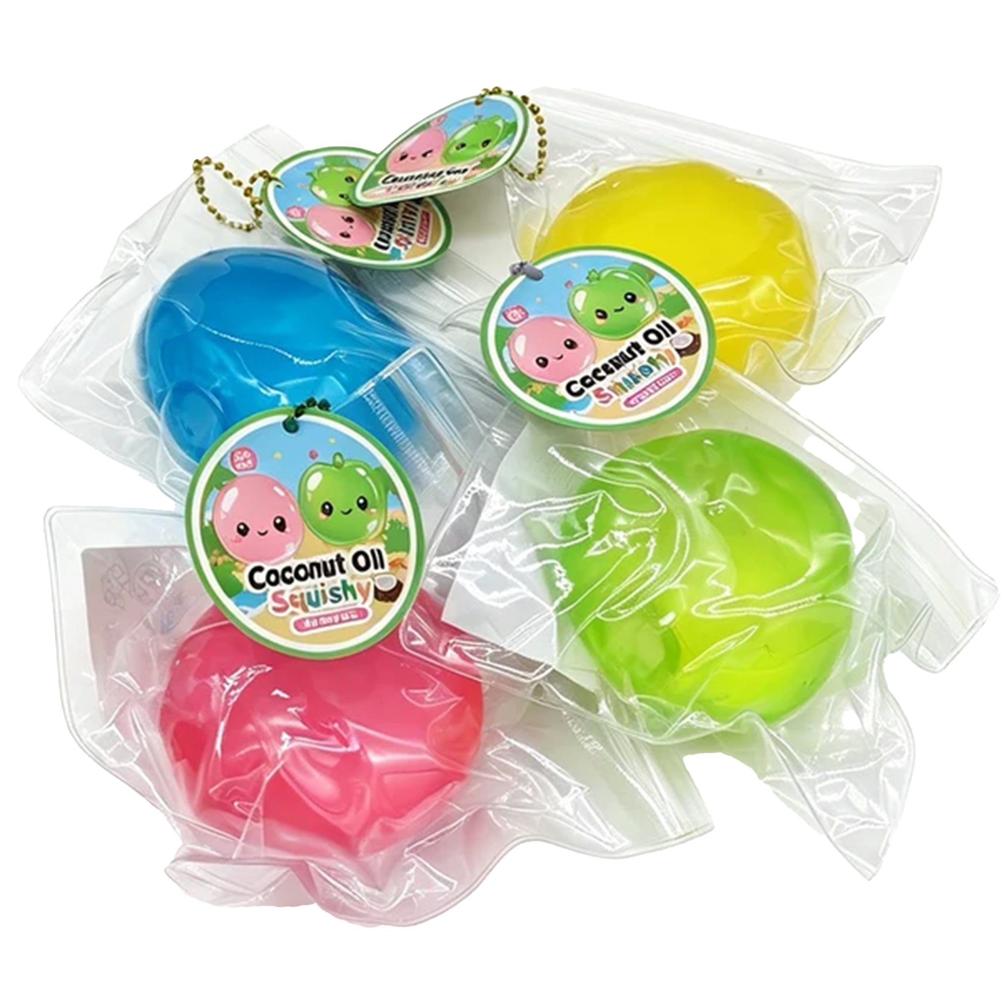 Four packaged coconut-shaped squishy toys in blue, yellow, green, and pink, each sealed in clear plastic packaging with a round cartoon tag that reads 'Coconut Oil Squishy'.