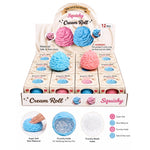 A retail display box of 12 Squishy Cream Roll sensory toys, featuring pink and blue brain-shaped squishies with printed product information and feature callouts below on a white background.