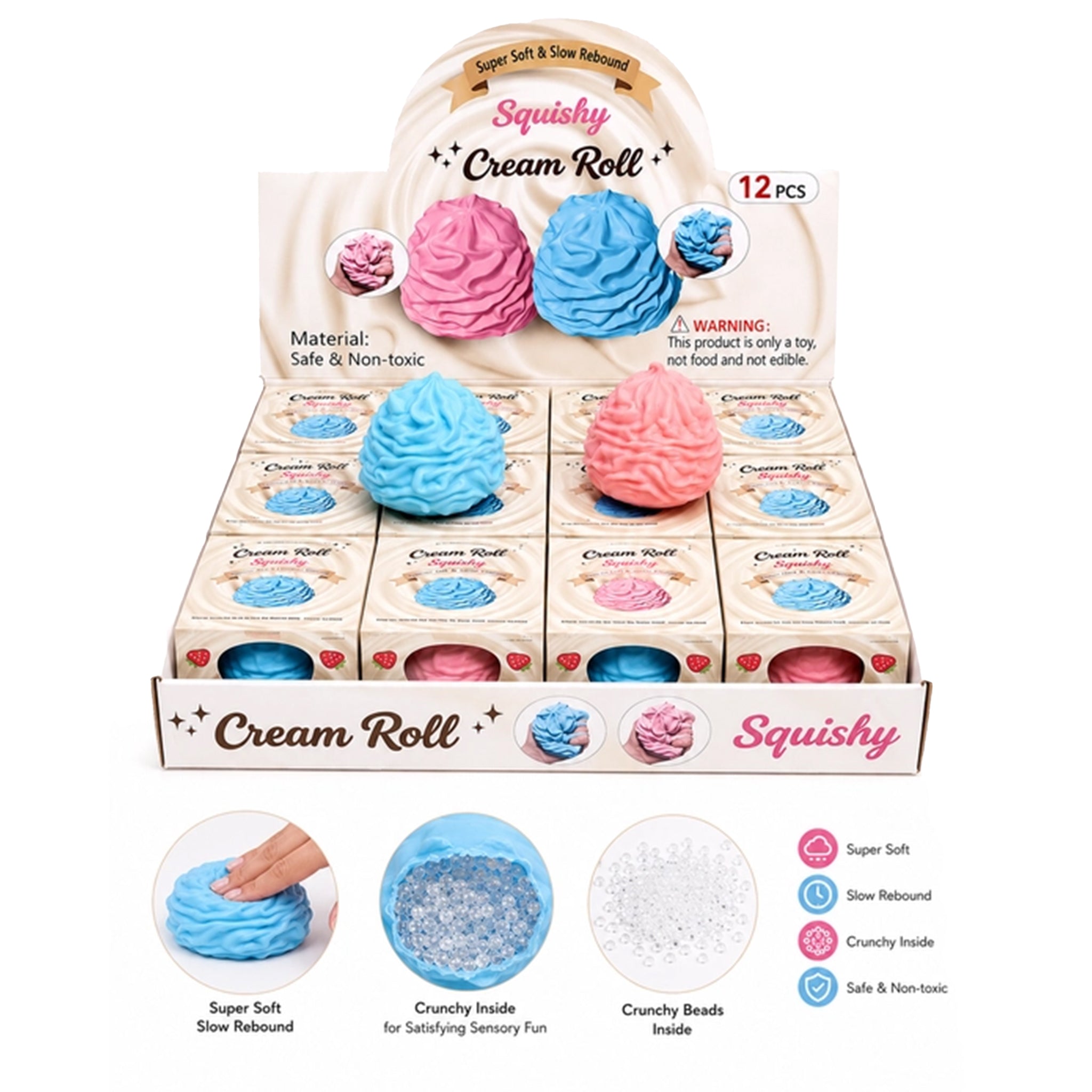 A retail display box of 12 Squishy Cream Roll sensory toys, featuring pink and blue brain-shaped squishies with printed product information and feature callouts below on a white background.