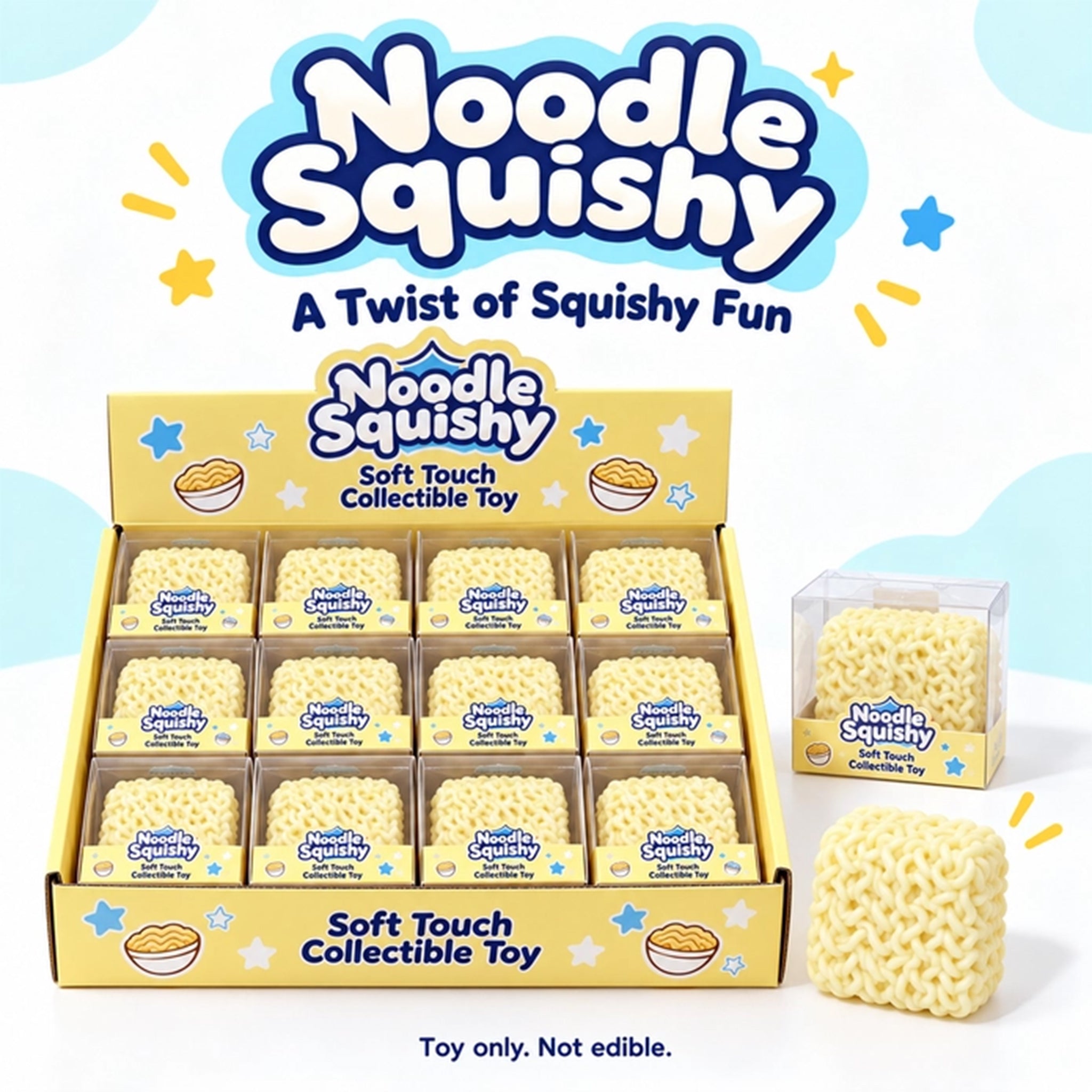 Noodle Squishy collectible soft touch toys displayed in a yellow retail box with a clear sample pack and one loose noodle toy on a light blue and white background with the Noodle Squishy logo.