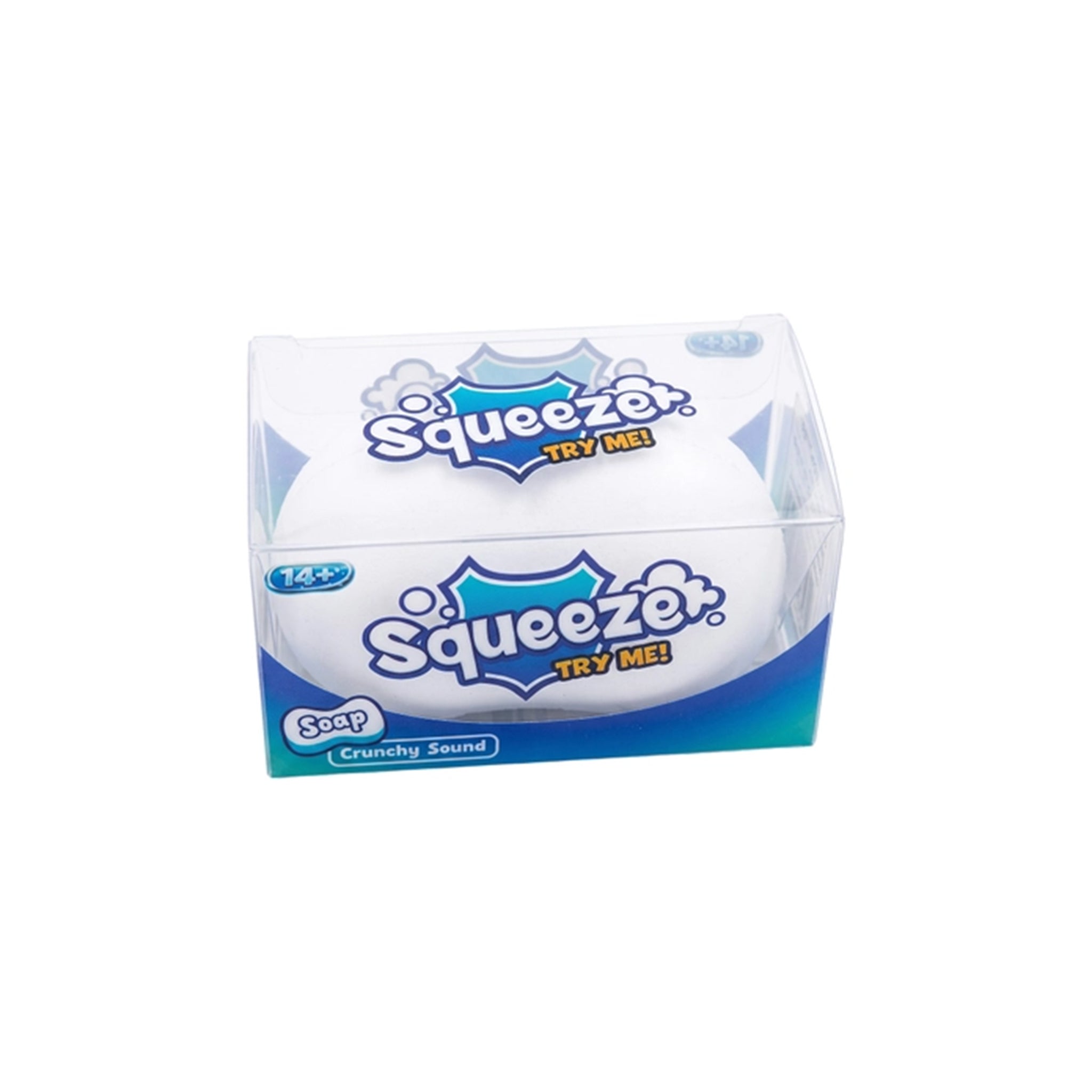 A packaged white squeeze soap bar in a clear plastic box with blue and white branding that reads 'Squeeze TRY ME!' on a plain white background.