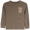 A long-sleeve crewneck t-shirt in brown with a beige graphic on the left chest featuring the text 'GOAT Living' and a goat illustration, shown on a plain white background.