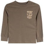 A long-sleeve crewneck t-shirt in brown with a beige graphic on the left chest featuring the text 'GOAT Living' and a goat illustration, shown on a plain white background.