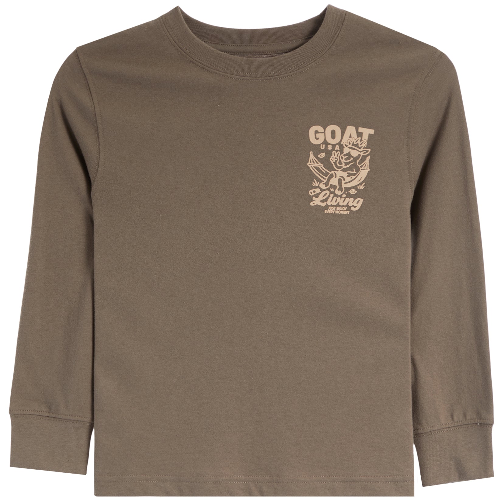 A long-sleeve crewneck t-shirt in brown with a beige graphic on the left chest featuring the text 'GOAT Living' and a goat illustration, shown on a plain white background.