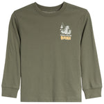 An olive green long-sleeve t-shirt with a small graphic on the left chest featuring a white cartoon character and yellow text reading 'Munched on The ART BUCKLE'.