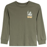 An olive green long-sleeve t-shirt with a small graphic on the left chest featuring a white cartoon character and yellow text reading 'Munched on The ART BUCKLE'.