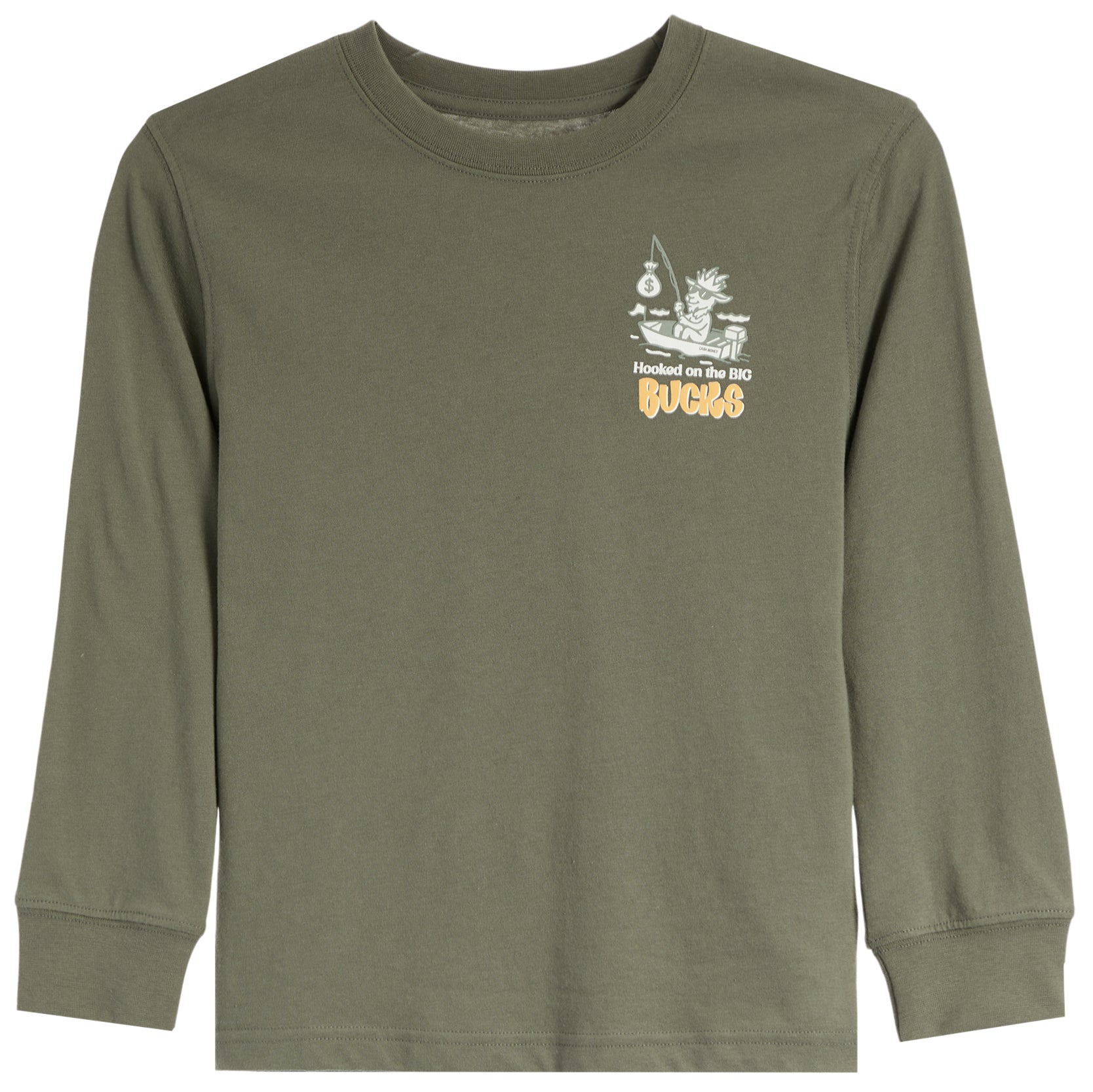 An olive green long-sleeve t-shirt with a small graphic on the left chest featuring a white cartoon character and yellow text reading 'Munched on The ART BUCKLE'.