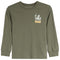 An olive green long-sleeve t-shirt with a small graphic on the left chest featuring a white cartoon character and yellow text reading 'Munched on The ART BUCKLE'.