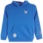 A bright blue hooded sweatshirt with a kangaroo pocket, featuring a small embroidered goat mascot on the left chest and a small floral emblem on the right sleeve, with a larger circular patch on the front pocket.
