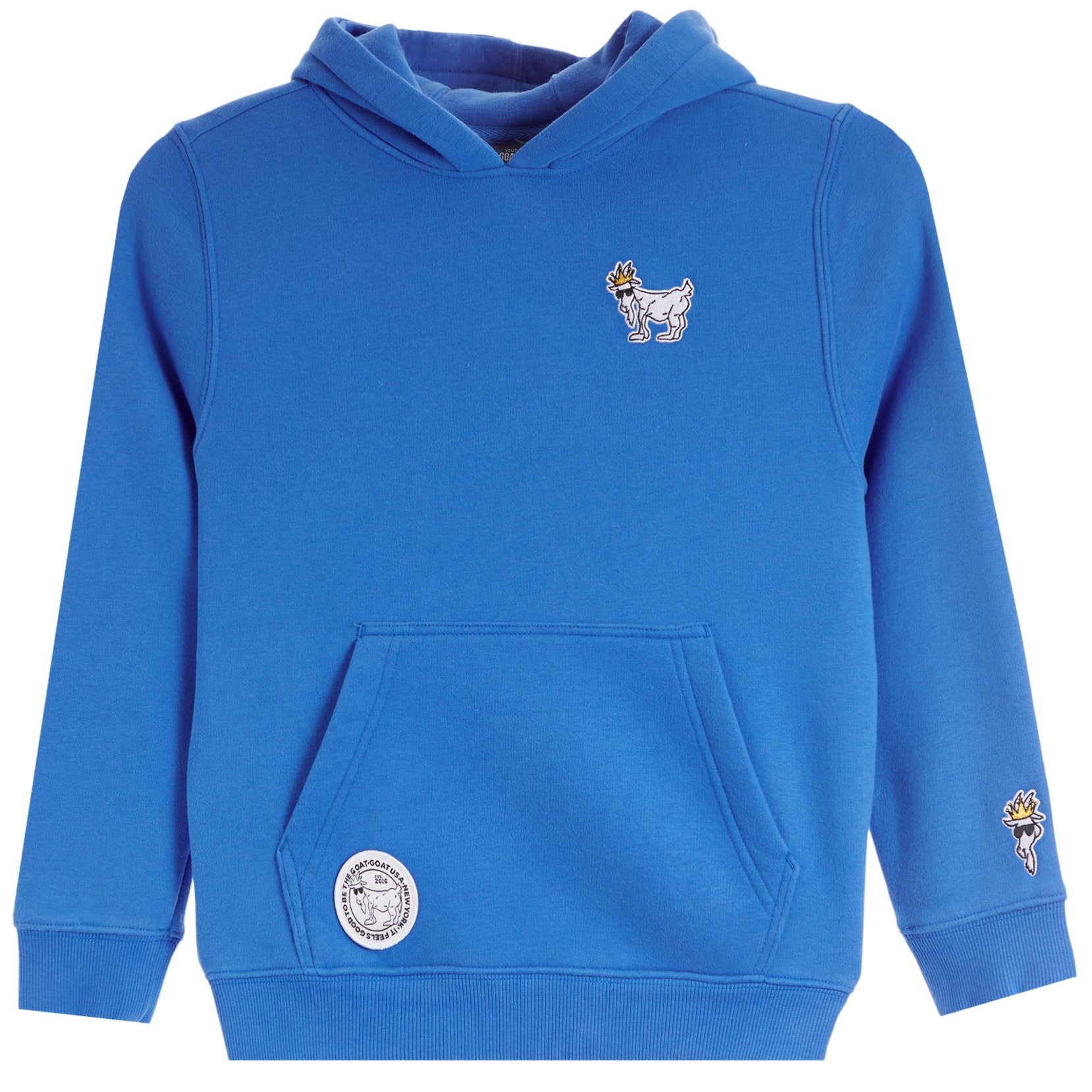 A bright blue hooded sweatshirt with a kangaroo pocket, featuring a small embroidered goat mascot on the left chest and a small floral emblem on the right sleeve, with a larger circular patch on the front pocket.