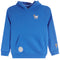 A bright blue hooded sweatshirt with a kangaroo pocket, featuring a small embroidered goat mascot on the left chest and a small floral emblem on the right sleeve, with a larger circular patch on the front pocket.