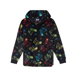A black fleece hoodie with a colorful all-over print of cartoon goats shown flat against a white background.