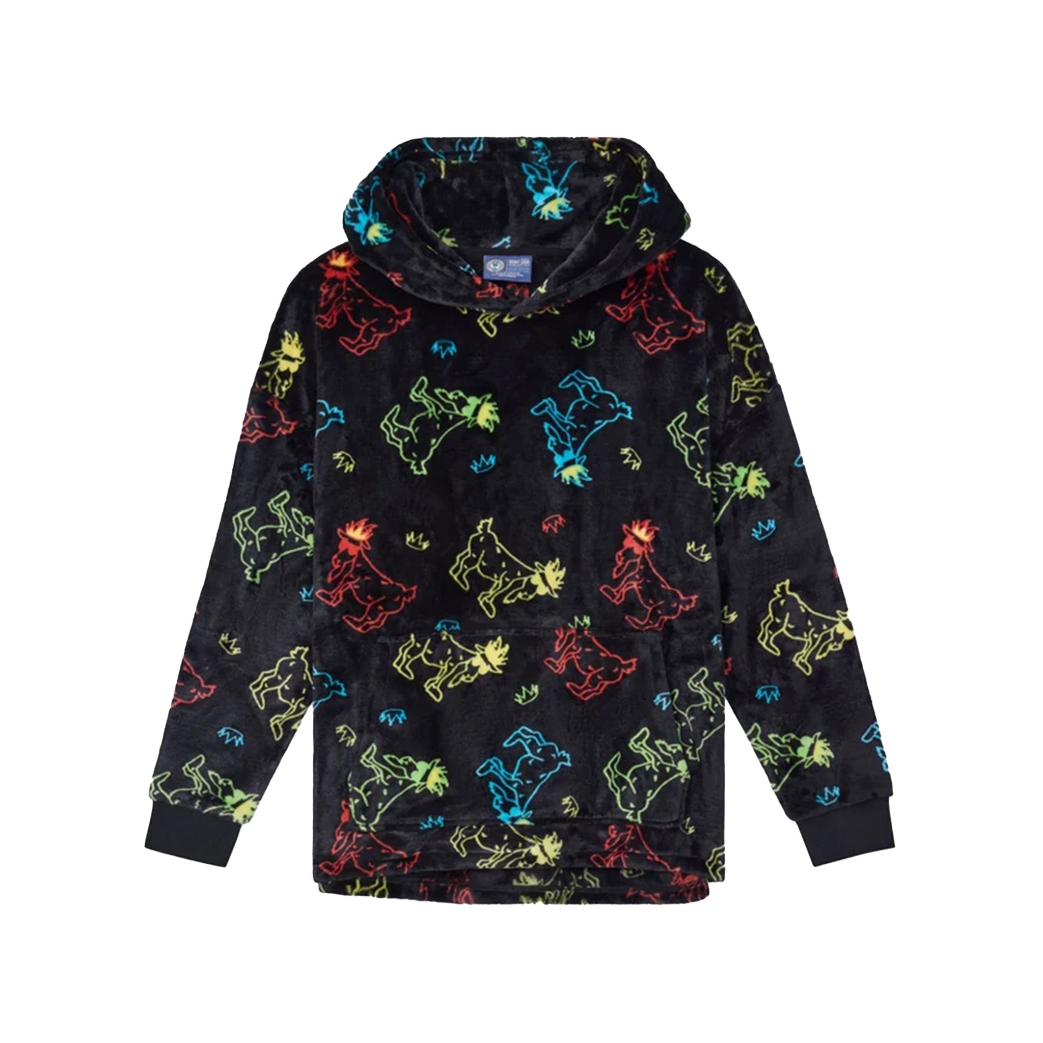 A black fleece hoodie with a colorful all-over print of cartoon goats shown flat against a white background.