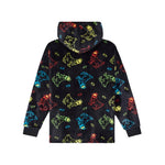 A black hooded sweatshirt with an allover neon-style graphic print of cartoon goats in red, yellow, and blue, shown from the back on a plain white background.