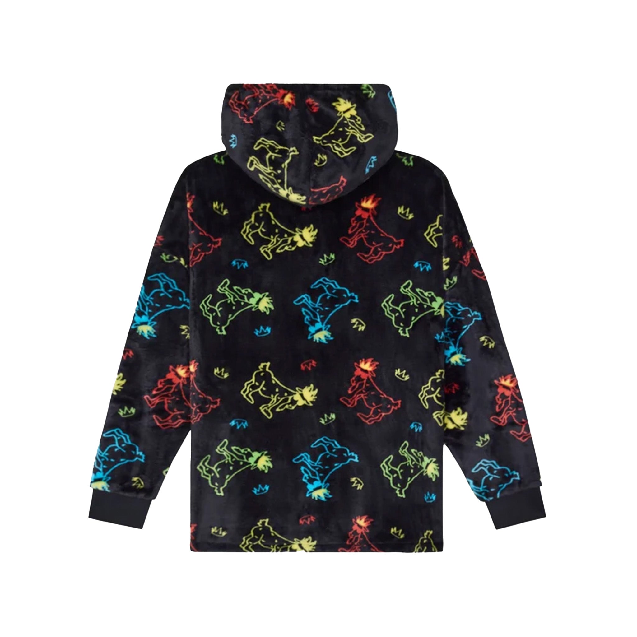 A black hooded sweatshirt with an allover neon-style graphic print of cartoon goats in red, yellow, and blue, shown from the back on a plain white background.