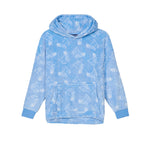 A light blue fleece hoodie with an all-over white goat character pattern, featuring a front kangaroo pocket and ribbed cuffs and hem.