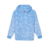 A light blue fleece hoodie with an all-over white goat character pattern, featuring a front kangaroo pocket and ribbed cuffs and hem.