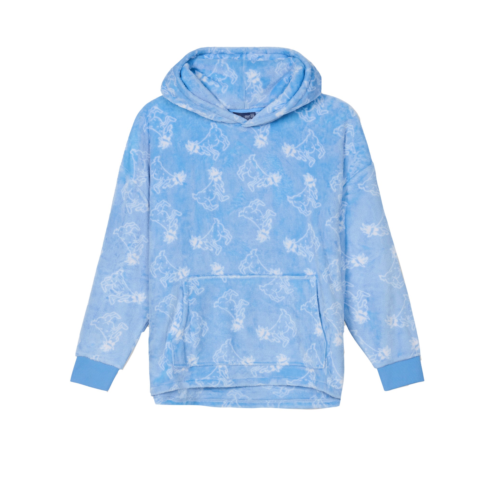 A light blue fleece hoodie with an all-over white goat character pattern, featuring a front kangaroo pocket and ribbed cuffs and hem.